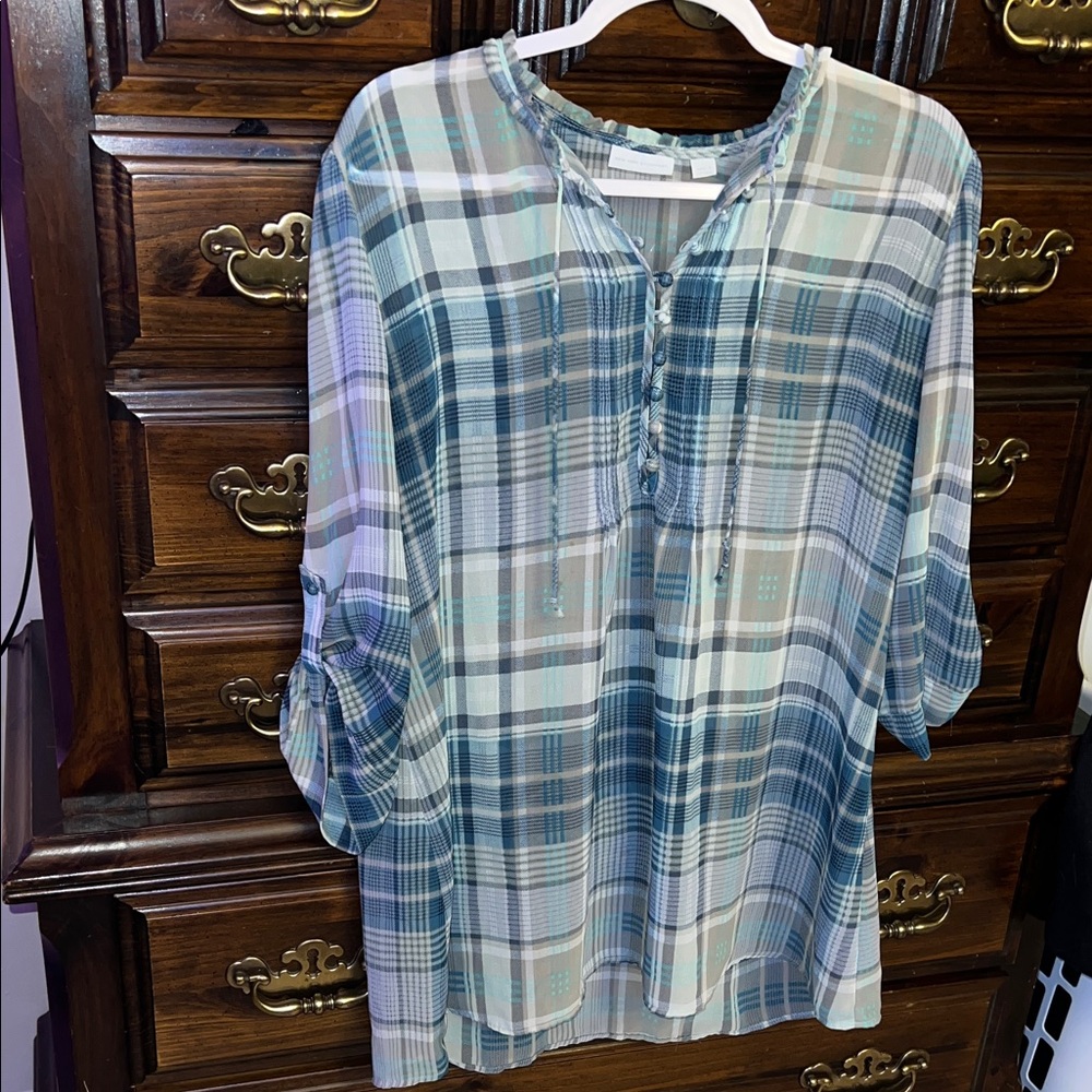 New York & Company Blue Plaid Blouse